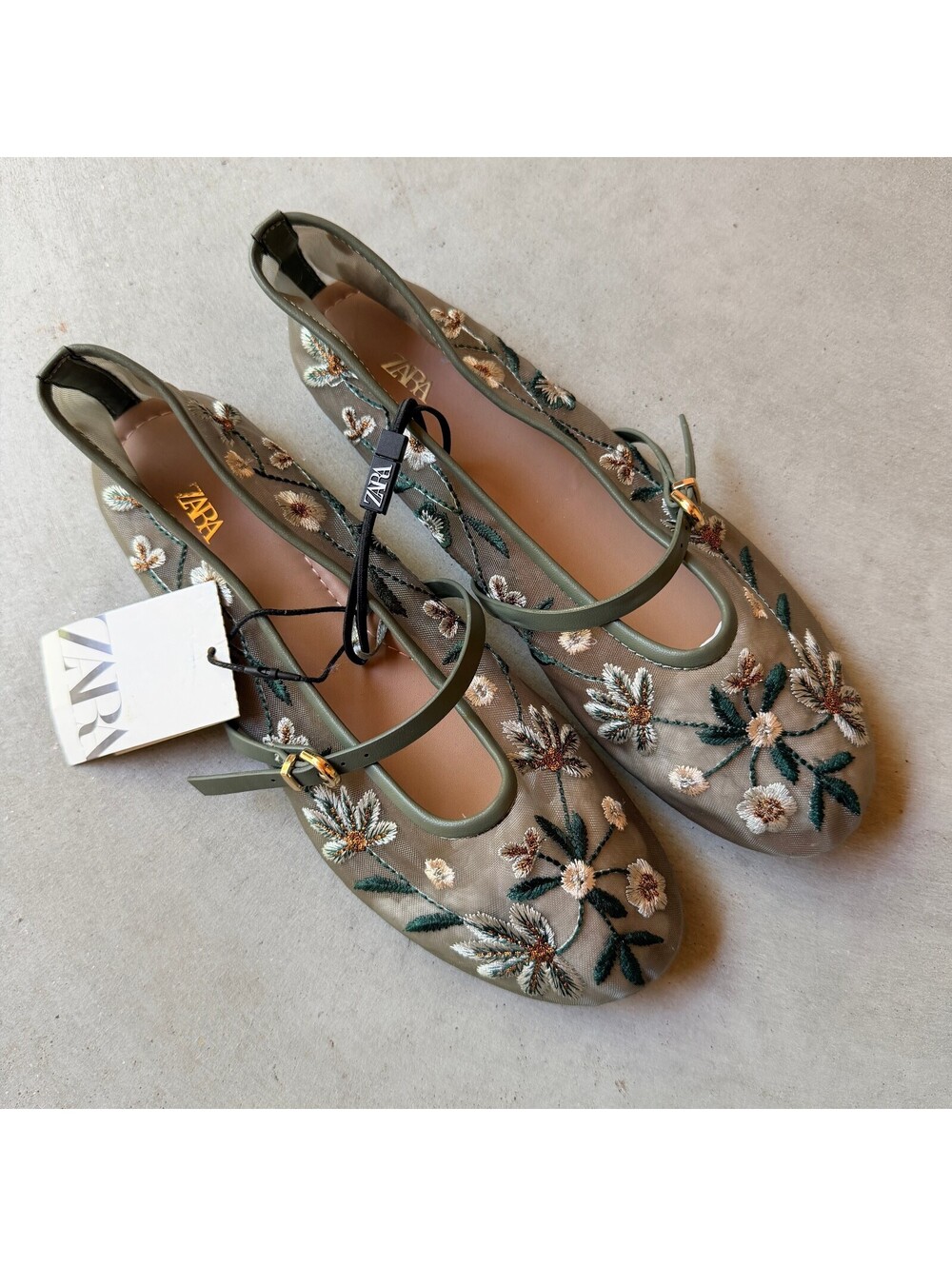 ZARA Floral Embroidered Mesh Ballet Flats Green Mary Jane Shoes NWT Size 8